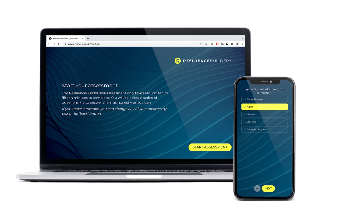 The ResilienceBuilder self-assessment shown on a laptop and phone: a short series of agree-to-disagree questions that takes around ten to fifteen minutes